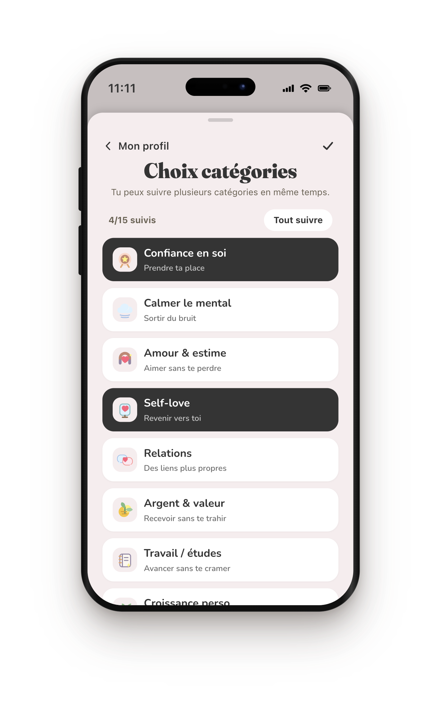 Écran iPhone Pépites avec les catégories