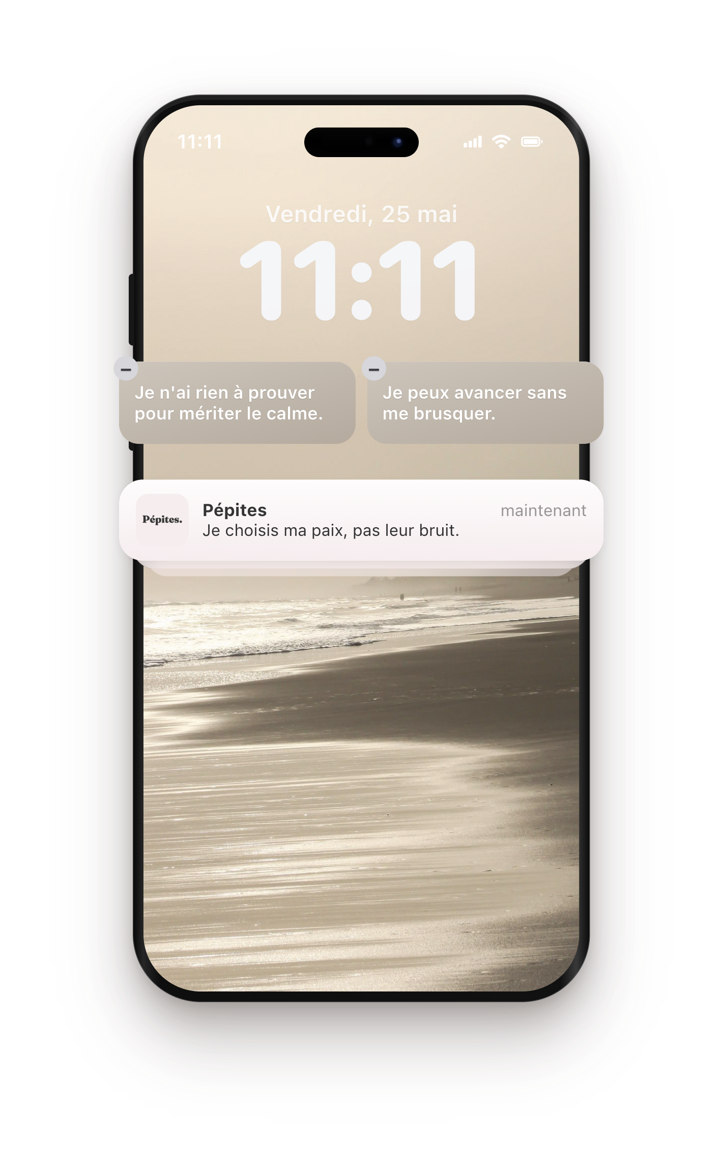 Écran iPhone Pépites avec widgets et notification