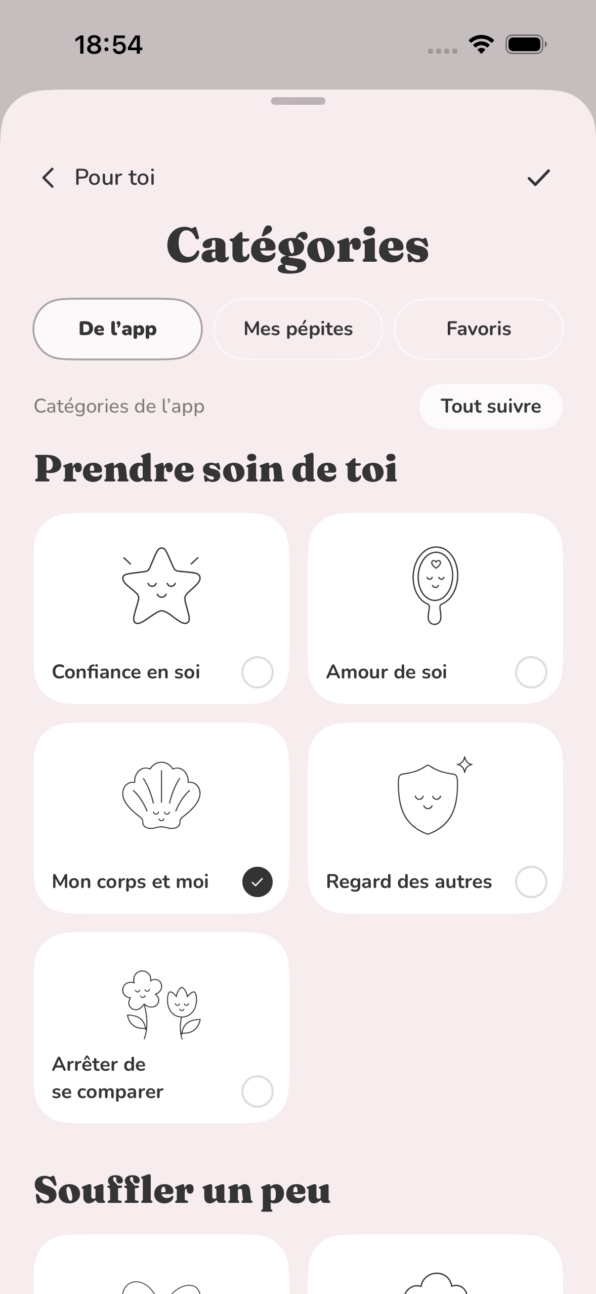 Gems categories in light mode: confidence, self-love, my body and me, what others think and stopping comparisons.