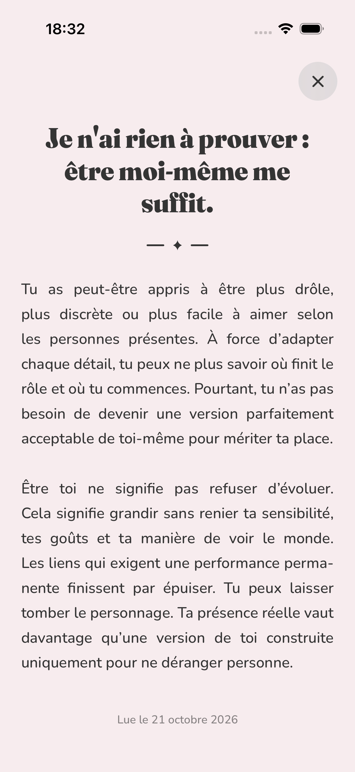 The back of the gem “I have nothing to prove: being myself is enough,” with its two-paragraph explanation.