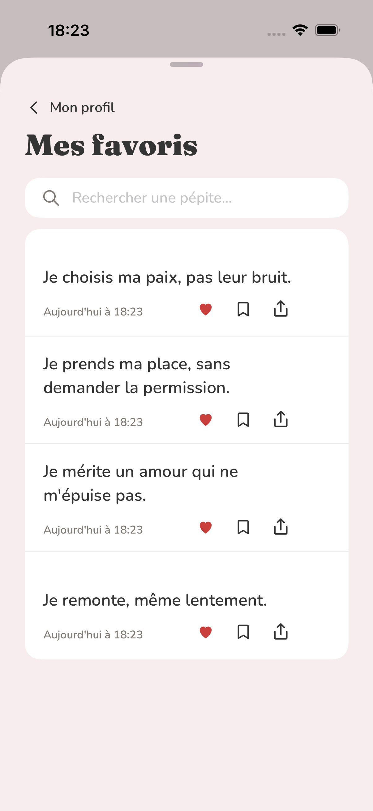 The My Favorites library in Gems, with search and four saved phrases, including “I choose my peace, not their noise.”