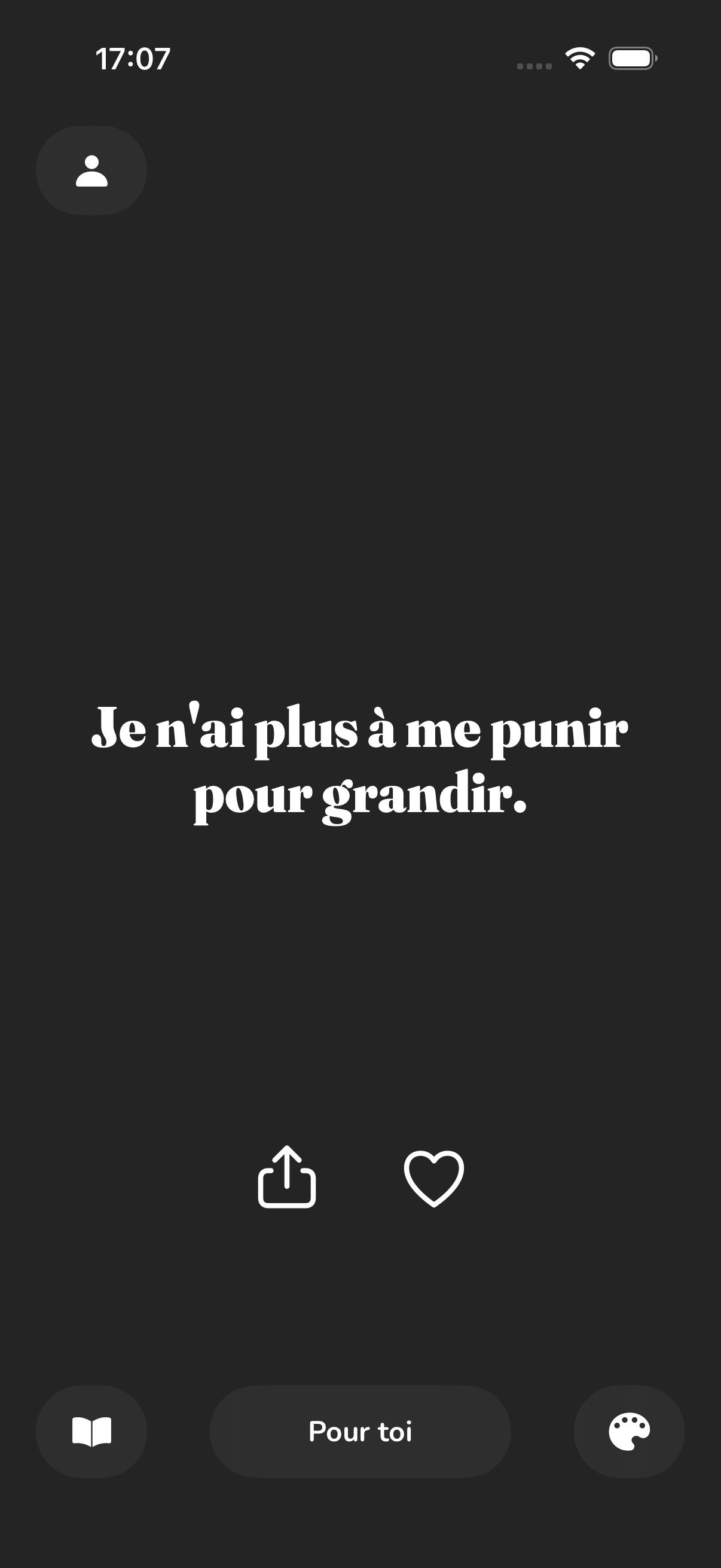 The Gems feed in the Charcoal theme, with the affirmation “I no longer have to punish myself to grow.”
