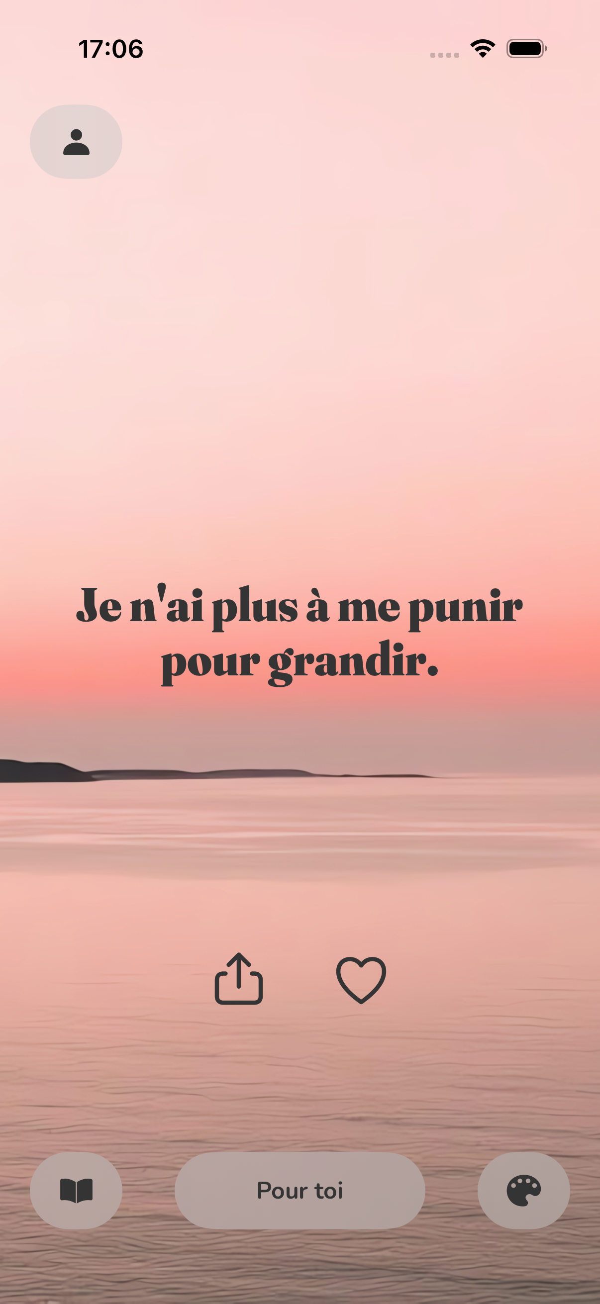 The Gems feed in the Rosy Shore theme, with the affirmation “I no longer have to punish myself to grow.”