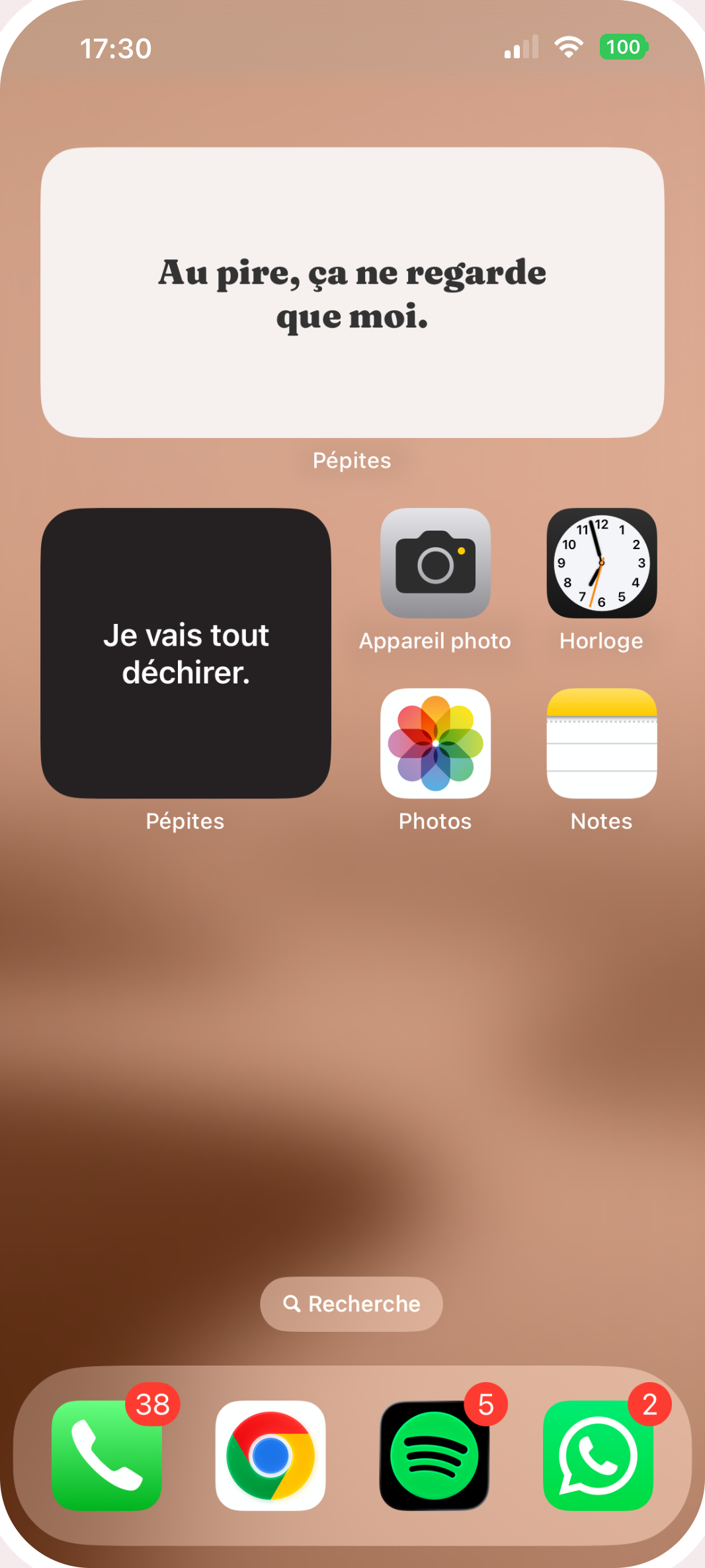 Two Gems widgets installed on the iPhone Home Screen: a large light widget, “At the end of the day, it is my business,” and a small dark widget, “I am going to crush it.”