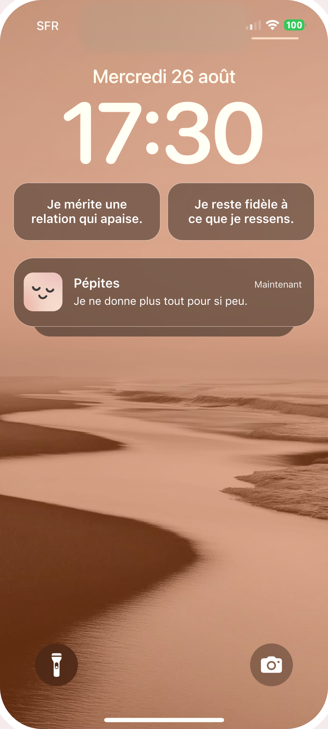 The Lock Screen shown in the App Store screenshots, with two Gems widgets below the time: “I deserve a relationship that brings peace” and “I stay true to what I feel.”